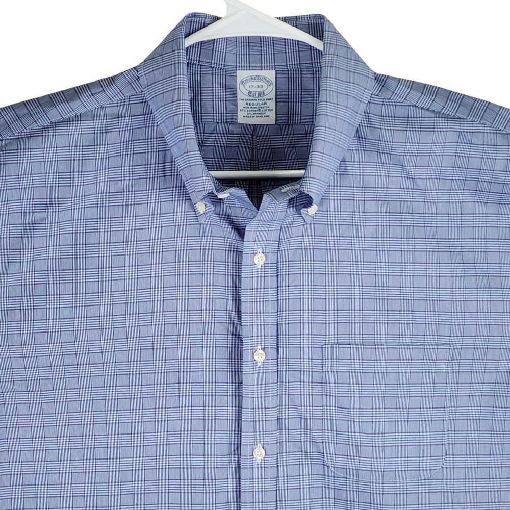 Brooks Brothers Original Polo Shirt Mens‎ 17-33 Blue Glen Plaid Non-Iron Stretch